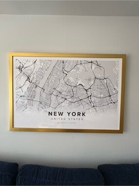 New York City Map Wall Art - Gold Frame